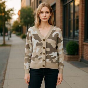NWT Lucky Brand | Camo Camouflage Cardigan Sweater Wool Blend Small Oversized